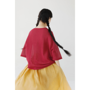 深火龙果红中袖 上衣 纯色T恤 松爽透气感薄款 复述CHAO细和纸纱