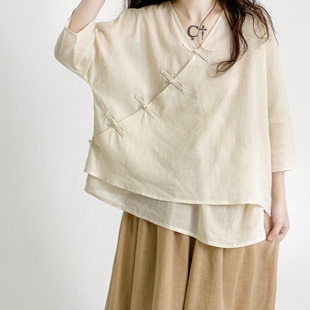 文藝開衫 純色襯衫 棉麻茶服女 復古寬松V領上衣新款 復述苧麻棉中式