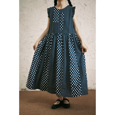 复述风格款日系大小波点拼接长裙 清爽蓝白波点亚麻小飞袖背心裙