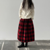 复述全棉红黑大格子双层磨毛松紧腰长款 半身裙冬季 百搭A字裙冬裙