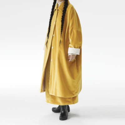 复述棉质厚密平绒复古宽松大廓型休闲长大衣 秋冬个性设计感风衣