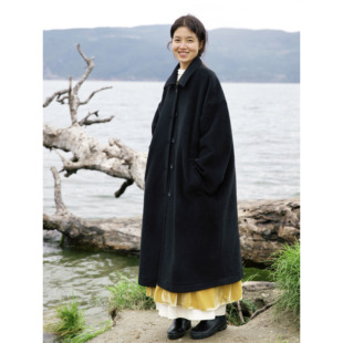 复述雾感黑色羊毛混纺单面呢外套 秋冬新品宽松厚款毛呢长大衣