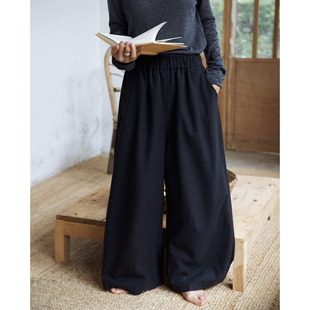 复述深灰羊毛混纺全松紧腰长裤 棉质内衬阔腿微收口保暖宽腿裤