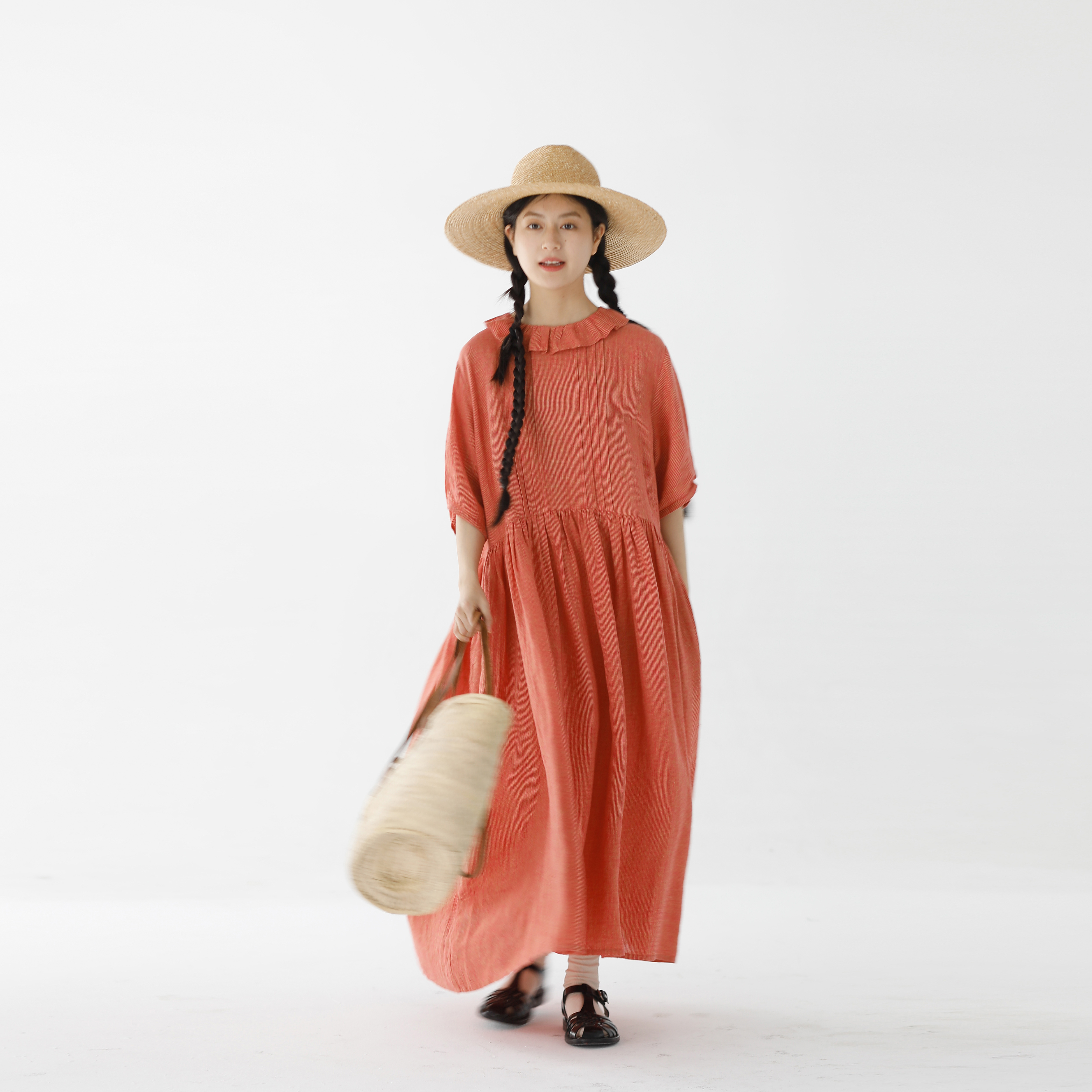 复述色织亚麻红橙小千鸟格长裙 胸口压褶花边翻领短袖大摆连衣裙