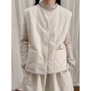 复述【蓬松保暖】新品棉质仿麻感胚色宽松夹棉马甲 米色文艺马夹