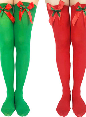 Cosplay costume Christmas bow stockings诞节绿色蝴蝶结长袜