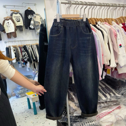 男大童加绒牛仔裤冬季青少年一体绒裤子时髦加厚保暖男孩直筒裤潮