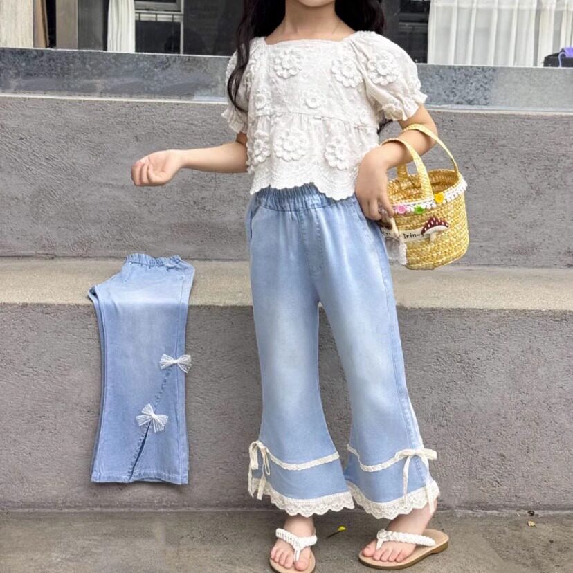 蕾丝花边女童天丝牛仔喇叭裤夏季薄款浅色休闲裤蝴蝶结女孩九分裤