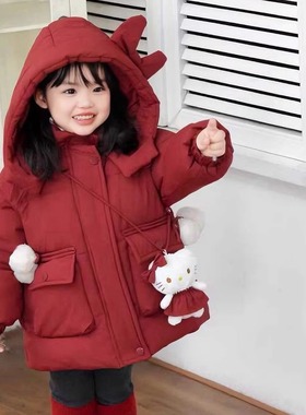 加厚加绒女童棉服外套冬季设计感红色可爱kt猫小女孩保暖棉衣儿童