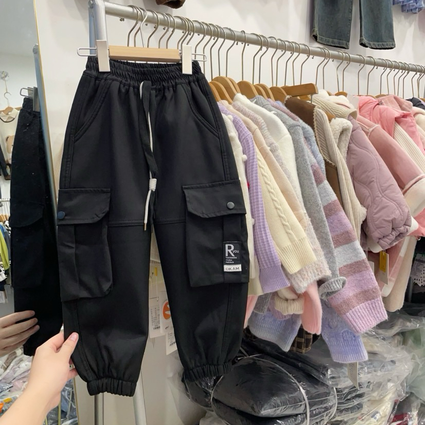 男童女童工装裤加绒冬装设计感口袋束脚休闲裤男孩冬季一体绒裤子