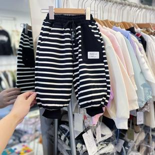 男童加绒条纹裤冬款拼色口袋男宝卫裤保暖加厚休闲裤小童冬装裤子