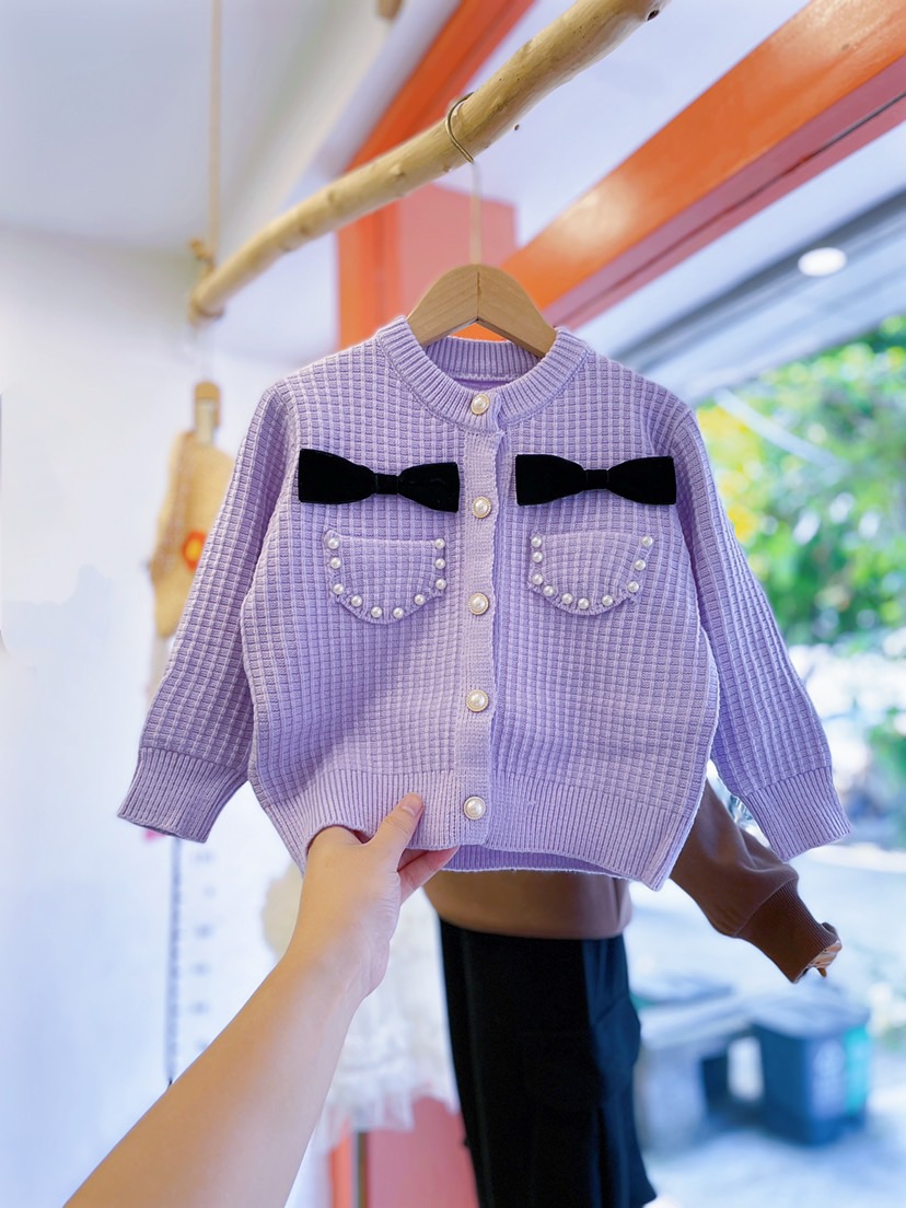 女童毛衣开衫春秋装蝴蝶结珍珠扣