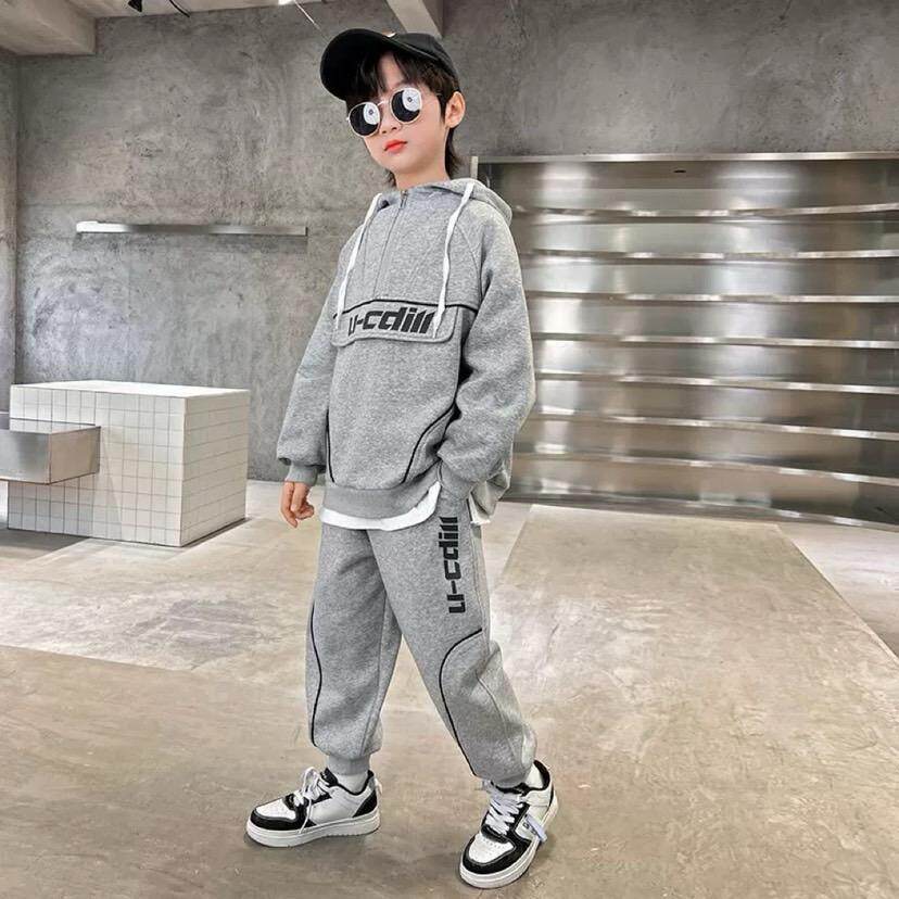 男童套装冬装男孩加绒卫衣卫裤两件套儿童冬季连帽时髦一体绒上衣