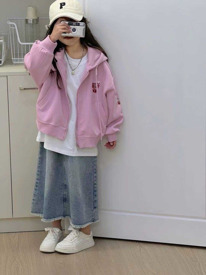 两件套女童外套春秋款中大童甜美刺绣樱桃春装白T打底儿童卫衣潮