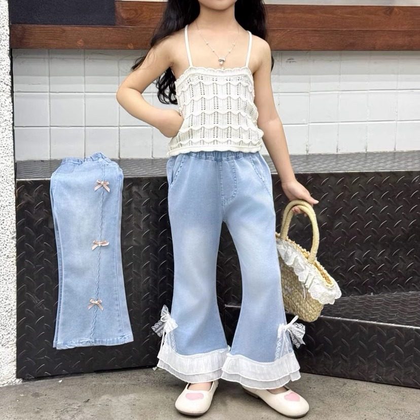 蕾丝花边女童天丝牛仔喇叭裤夏季薄款休闲裤蝴蝶结女孩九分裤儿童