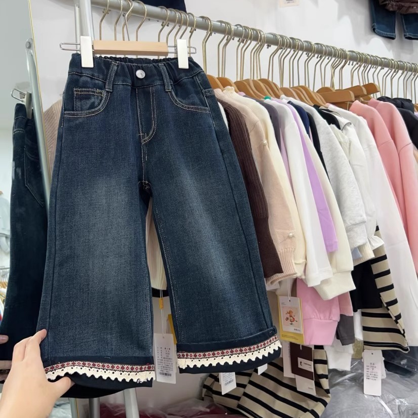 蕾丝花边女童加绒阔腿牛仔裤子潮