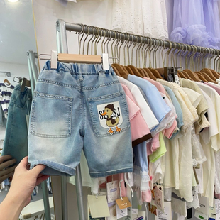 男童牛仔短裤夏季薄款贴布卡通鸭子男孩5分裤儿童潮牌直筒休闲裤
