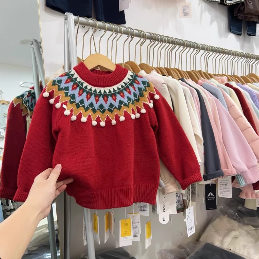 女童红色毛衣冬设计感花边针织衫