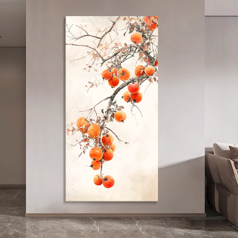 新中式柿子纯手绘油画柿柿如意装饰画入户玄关客厅水果肌理画挂画图片
