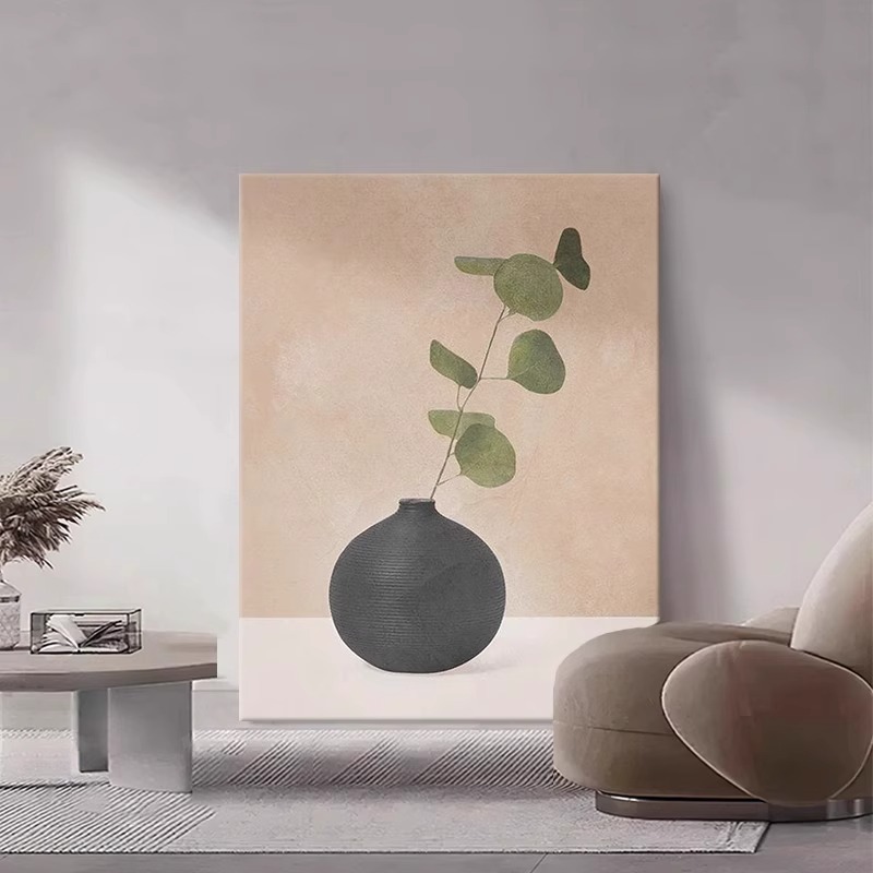 侘寂风极简花瓶纯手绘油画玄关装饰画客厅绿色植物莫兰迪丙烯挂画图片