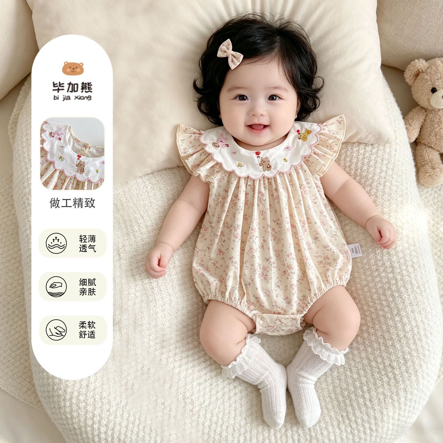 婴幼儿韩版薄款连体衣女宝宝夏季薄款碎花娃娃领飞袖公主哈衣爬服
