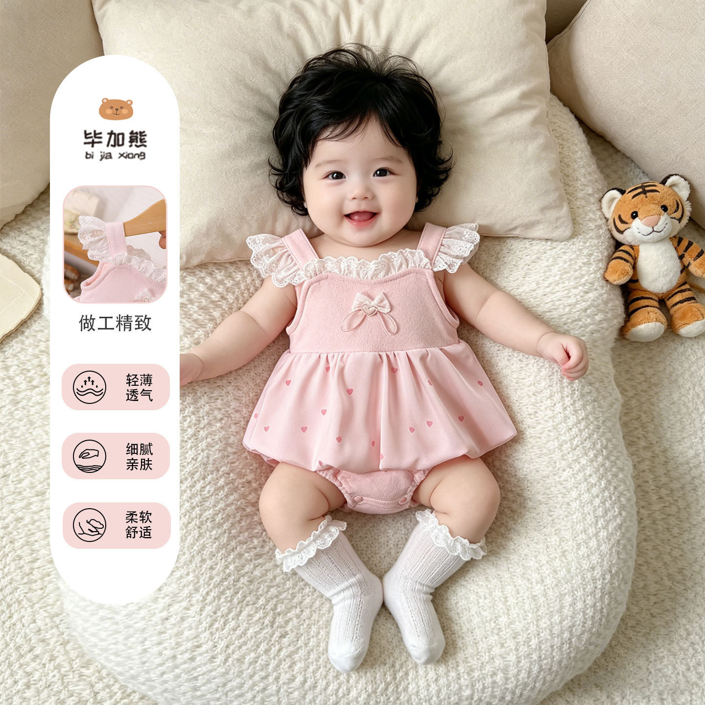 甜美风女宝宝连体衣夏季新款婴儿公主吊带哈衣轻薄透气爬服连衣裙