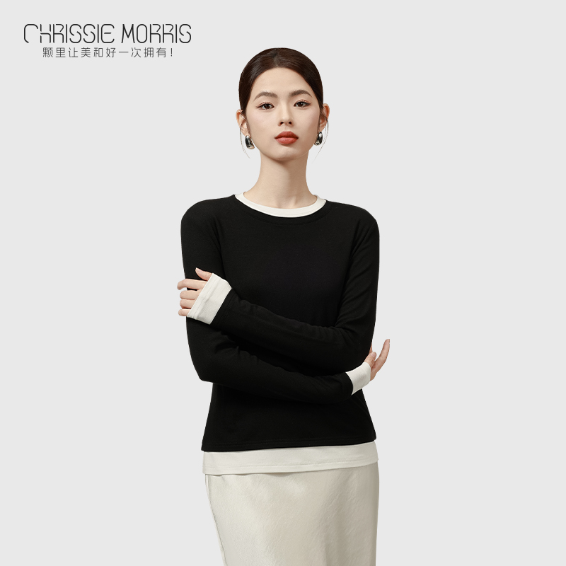 颗里crush撞色打底长袖假两件