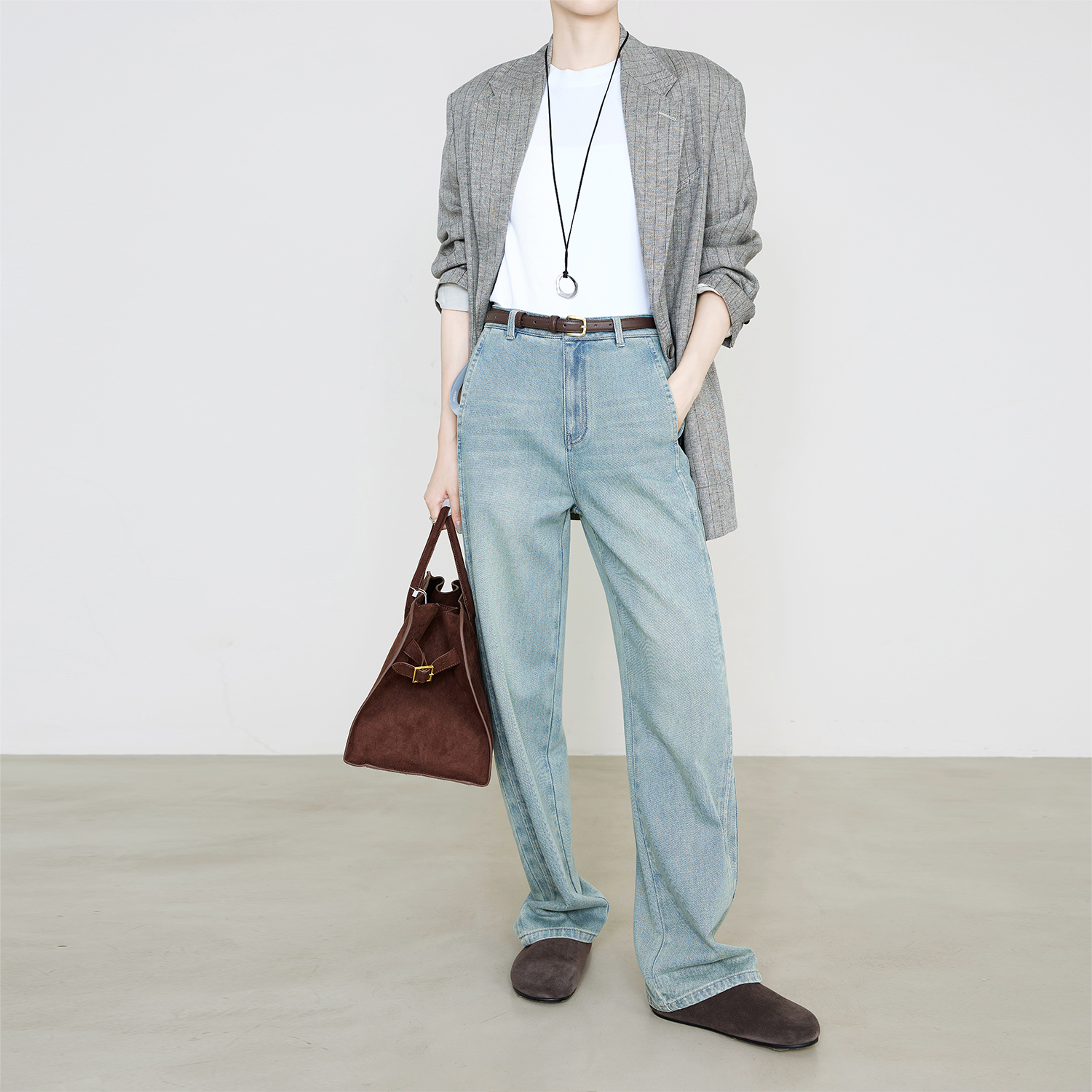 夏莫卡软糯垂感泡芙牛仔直筒裤