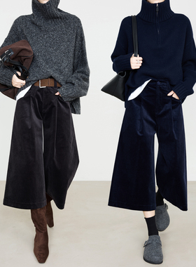 夏莫卡复古紫灯芯绒裤子加厚六分靴裤藏蓝宽松阔腿七分中裤冬7956