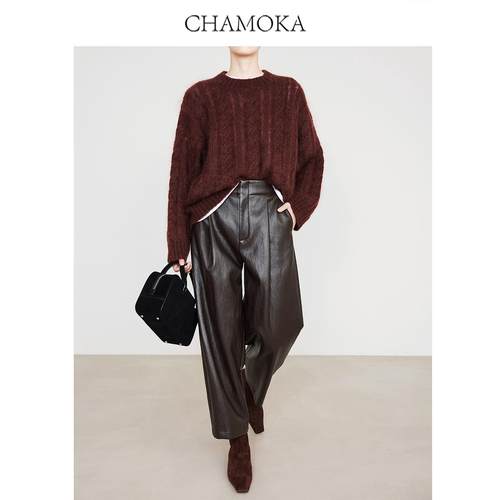 夏莫卡复古咖色九分皮裤