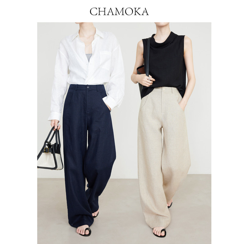 夏莫卡亚麻裤西装裤女老钱风裤子高腰休闲裤100%亚麻阔腿裤7745