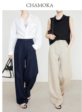 夏莫卡亚麻裤西装裤女老钱风裤子高腰休闲裤100%亚麻阔腿裤7745