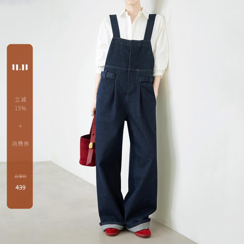 原牛蓝宽松藏身材牛仔直筒连体裤
