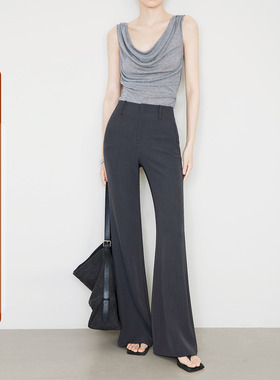 夏莫卡灰色微喇裤女弹力显瘦ROW风休闲长裤高腰喇叭裤西装裤6822