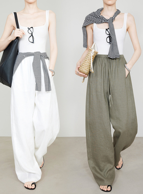 夏莫卡100亚麻直筒裤女夏加长山本裤松弛感休闲裤白色阔腿裤7856