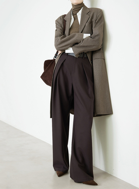 夏莫卡棕色阔腿裤秋2025新老钱风羊毛休闲裤显瘦西装裤加长9652