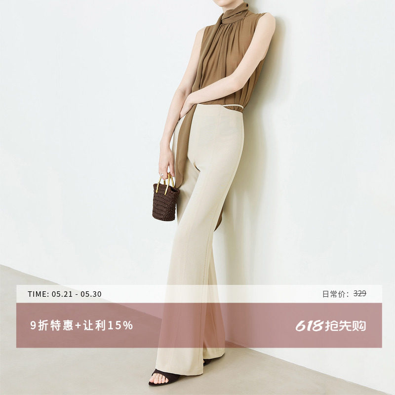 夏莫卡米色喇叭裤女2026夏新抗皱OL高腰西装裤加长微喇裤显瘦6910