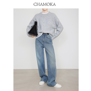 加长722 高腰立裁牛仔直筒裤 夏莫卡复古瓦蓝牛仔裤 女百搭显瘦长裤