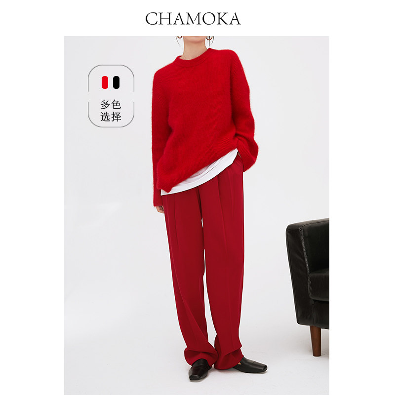 夏莫卡春季简约通勤OL气质款红色高腰显瘦宽松阔腿长裤拖地裤6211