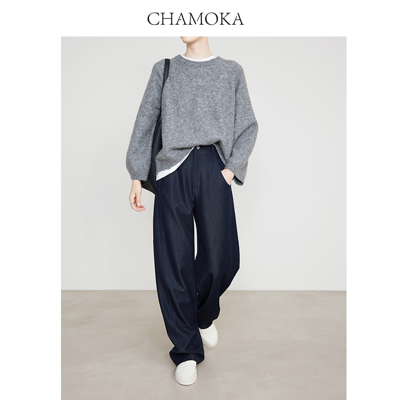 夏莫卡藏青色仿牛仔弧形香蕉裤