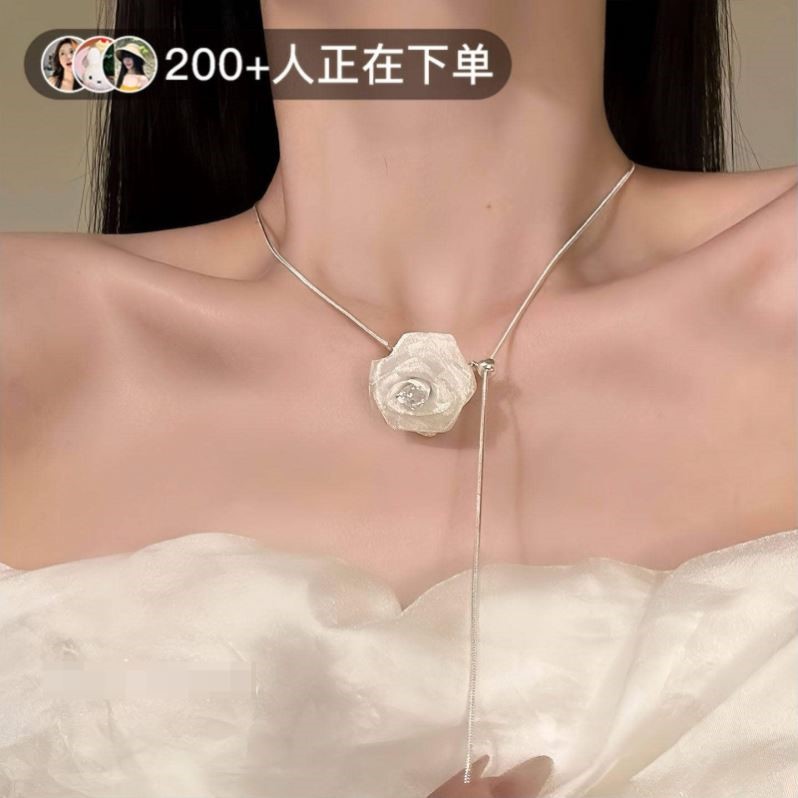 【以花遥祝】超仙网纱玫瑰花朵长项链可抽拉choker锁骨链配饰颈链