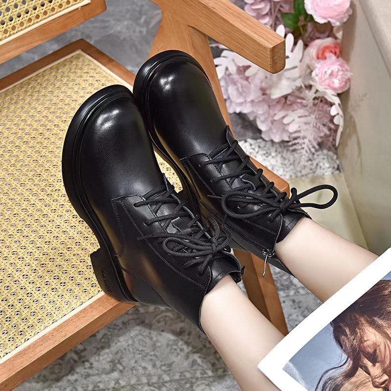 秋冬季新款加绒加厚粗跟女靴子时尚靴系带头层牛皮低跟马丁靴鞋子