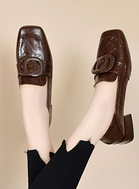 方头女鞋粗跟英伦风单鞋低跟春季百搭软底女士时尚舒适时尚鞋AYQ