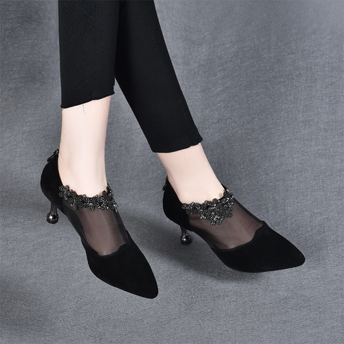 高跟鞋凉鞋女细跟夏季时尚百搭包头真皮单鞋网纱网面女士女鞋子