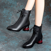 中跟女鞋 真皮马丁靴女棉鞋 牛皮短靴单靴保暖秋冬季 加绒加厚靴子