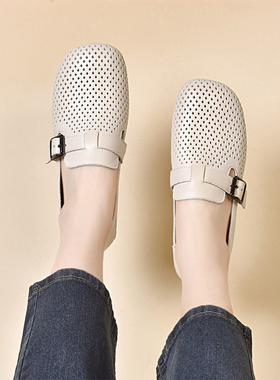 新款鞋子舒适镂空圆头平底乐福鞋单鞋春秋季气质软底女士皮鞋SY