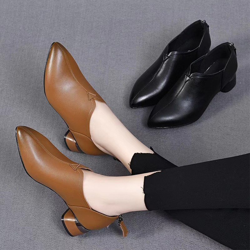 时尚休闲牛皮深口工作鞋单鞋真皮女士鞋粗跟尖头女中跟秋软皮软底,女鞋,深口单鞋,淘宝优惠券,粉丝福利购,淘宝优惠卷
