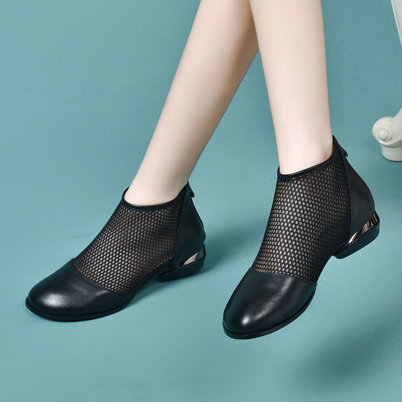 春季鞋子新款网纱圆头粗跟鞋休闲单鞋夏季不累脚真皮软底女士皮鞋