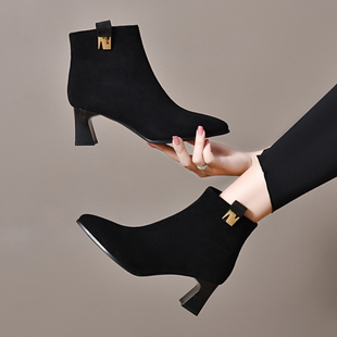 真皮短靴秋季尖头磨砂粗跟高跟鞋冬款加绒棉靴短筒瘦瘦靴百搭女靴