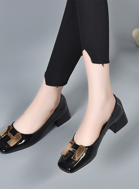 新款鞋子中跟浅口时尚百搭方头粗跟单鞋春秋品牌真皮软底女皮鞋SY
